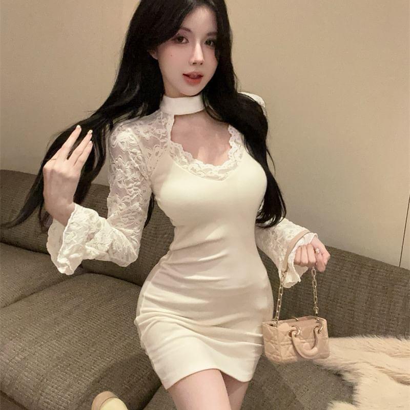 Long-Sleeve Cutout Lace Panel Mini Bodycon Dress Product Image