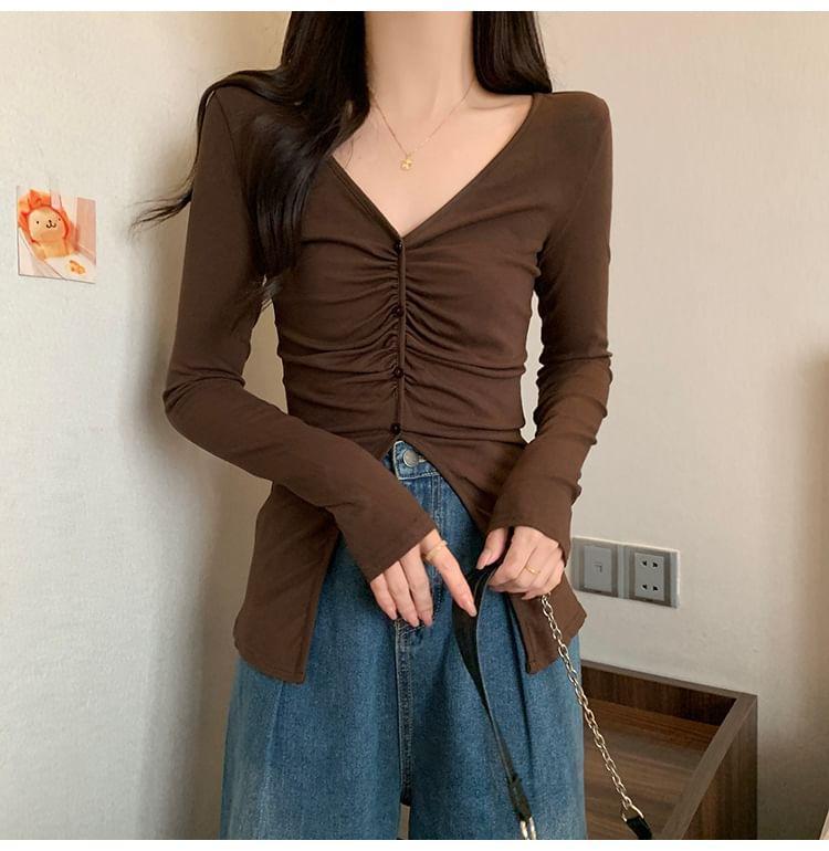 V-Neck Long Sleeve Plain Ruched Front T-Shirt Product Image