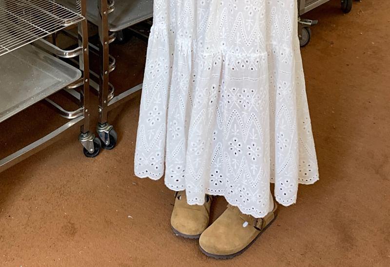 Elastic Waist Plain Embroidered Eyelet Tiered Maxi A-Line Skirt Product Image