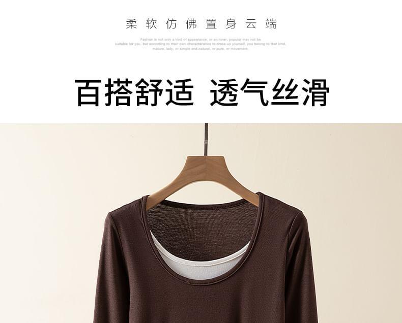 Long-Sleeve Scoop Neck Mock Two-Piece Two Tone Tee Product Image