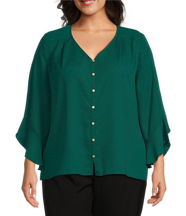 Investments Plus Size Woven Faux Button Front V-Neck 3/4 Flare Ruffle Sleeve Top Product Image