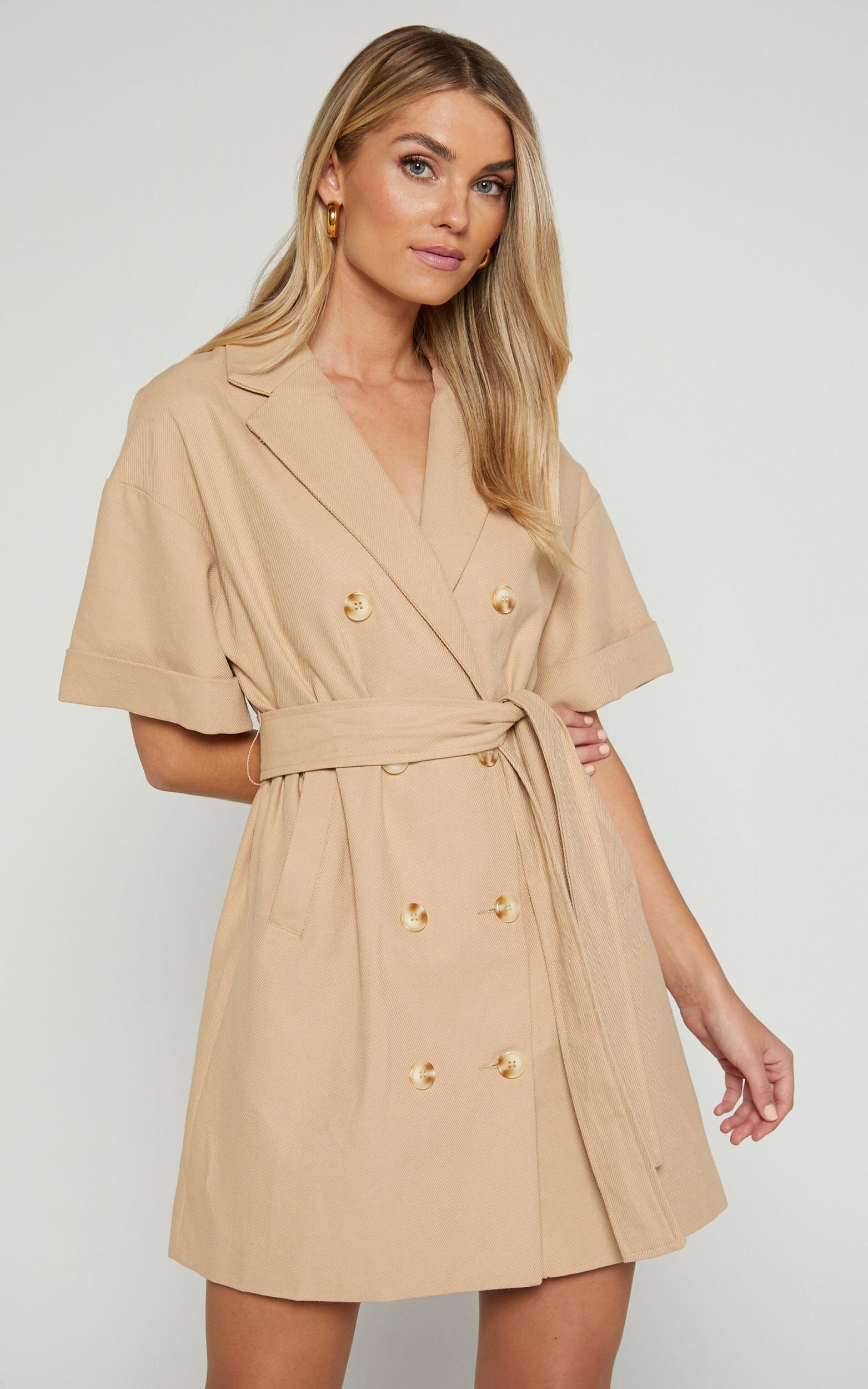 Cyrus Mini Dress - Waist Wrap Short Sleeve Blazer Mini Dress in Stone Product Image