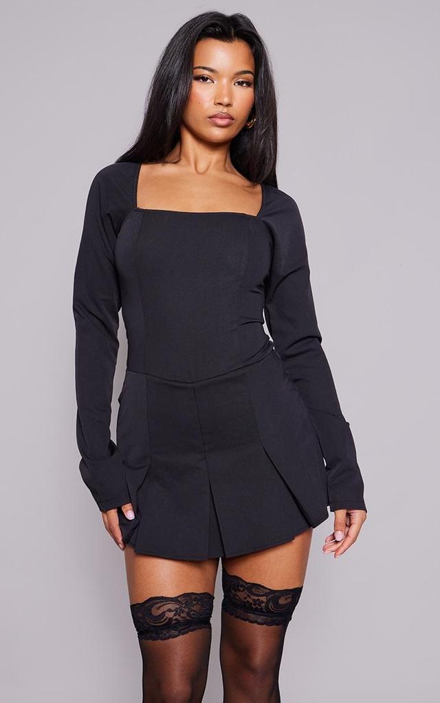 Black Tailored Woven Square Neck Pleated Skort Romper Product Image