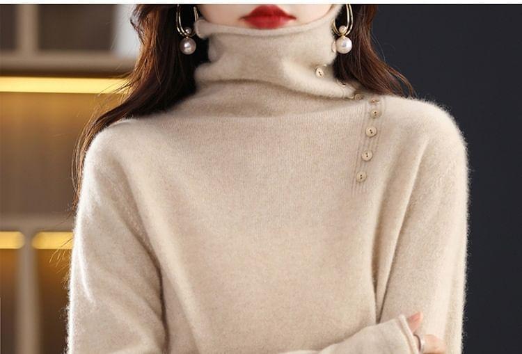 Long-Sleeve Turtleneck Button Accent Knit Top Product Image