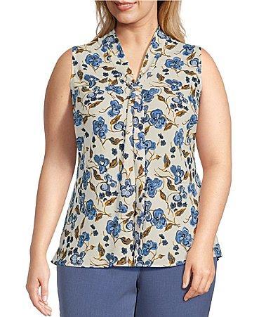 Kasper Plus Size Floral Print Crepe Tie Front Neck Sleeveless Fitted Blouse Product Image