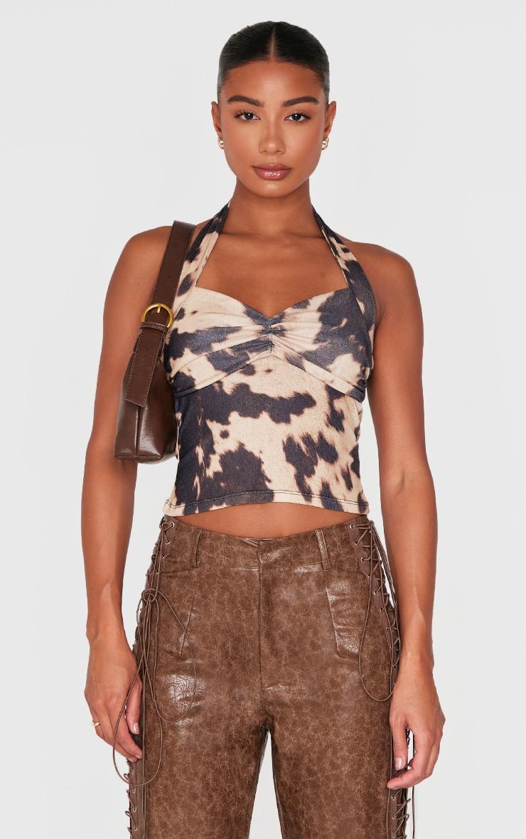 Brown Cow Print Burnout Mesh Halterneck Top Product Image