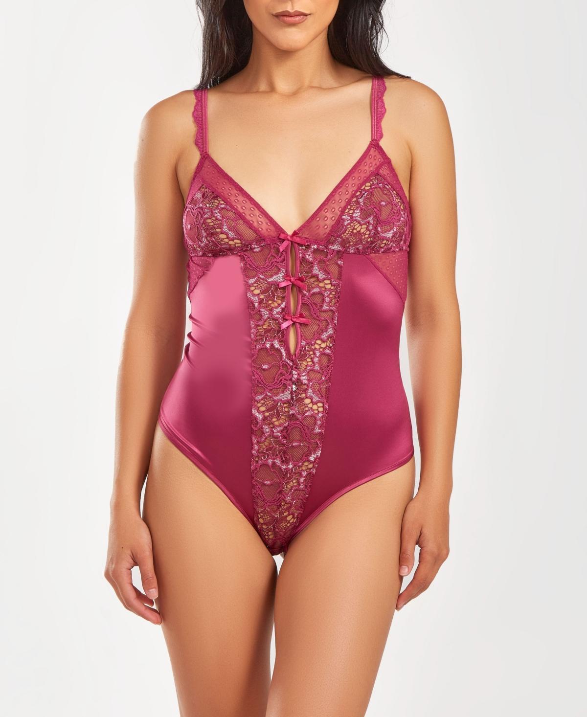 iCollection Womens 1 Piece Stretch Satin and Lace Lingerie Bodysuit - Wine Product Image