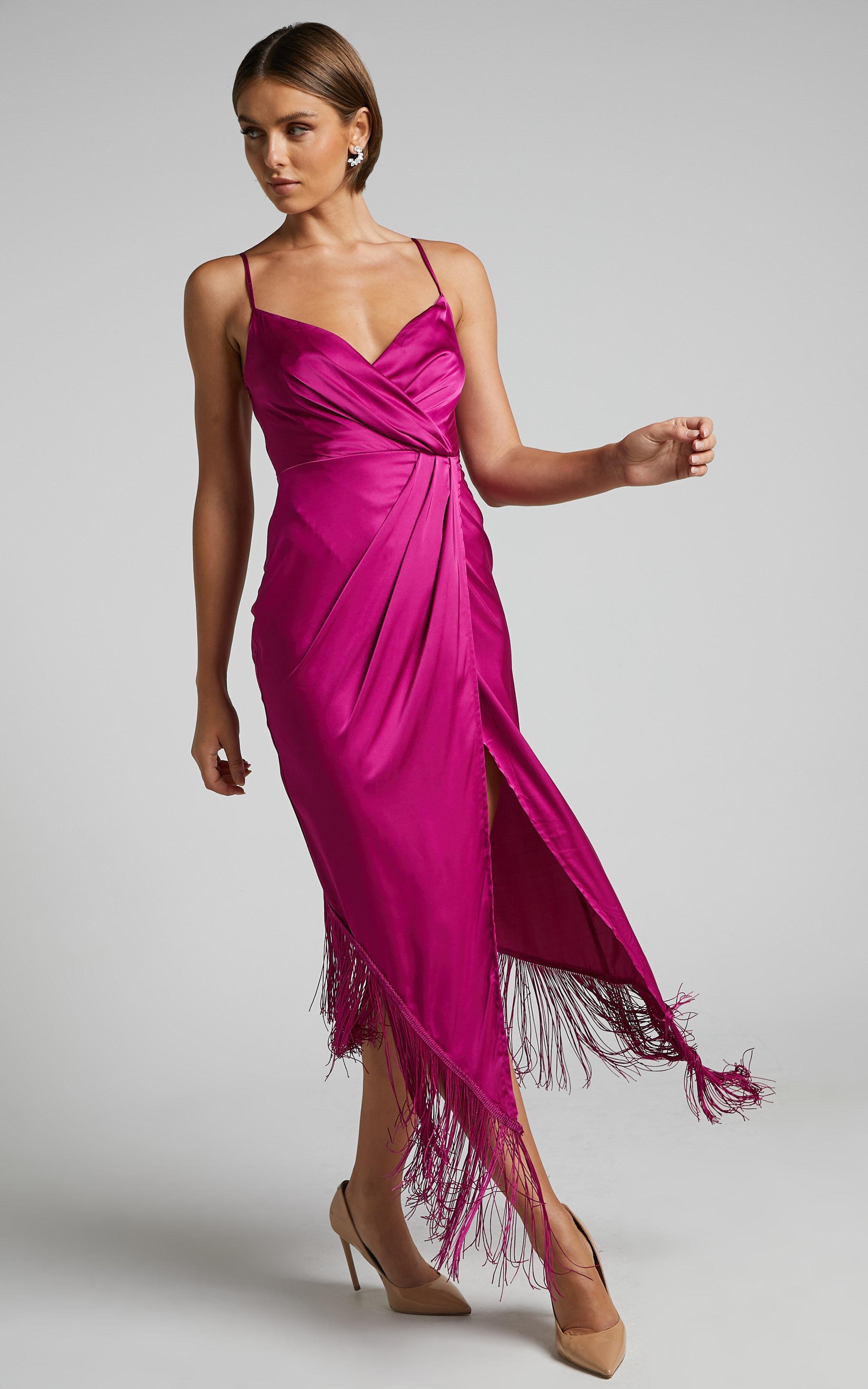 Rholie Midi Dress - Plunge Neck Fringe Hem Fixed Wrap Dress in Pink Product Image