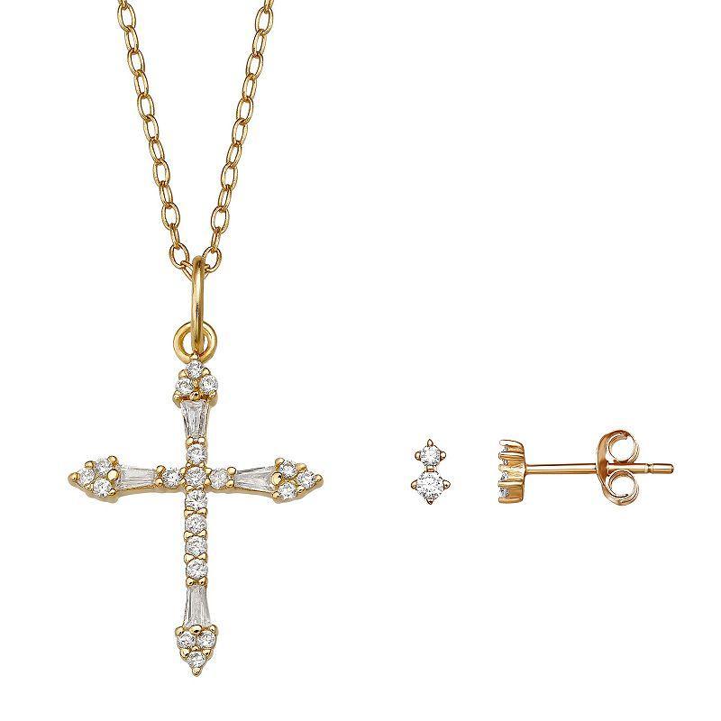 PRIMROSE 18k Gold Over Silver Cubic Zirconia Double Stud Earrings & Pave Cross Pendant Necklace Set, Womens Yellow Product Image