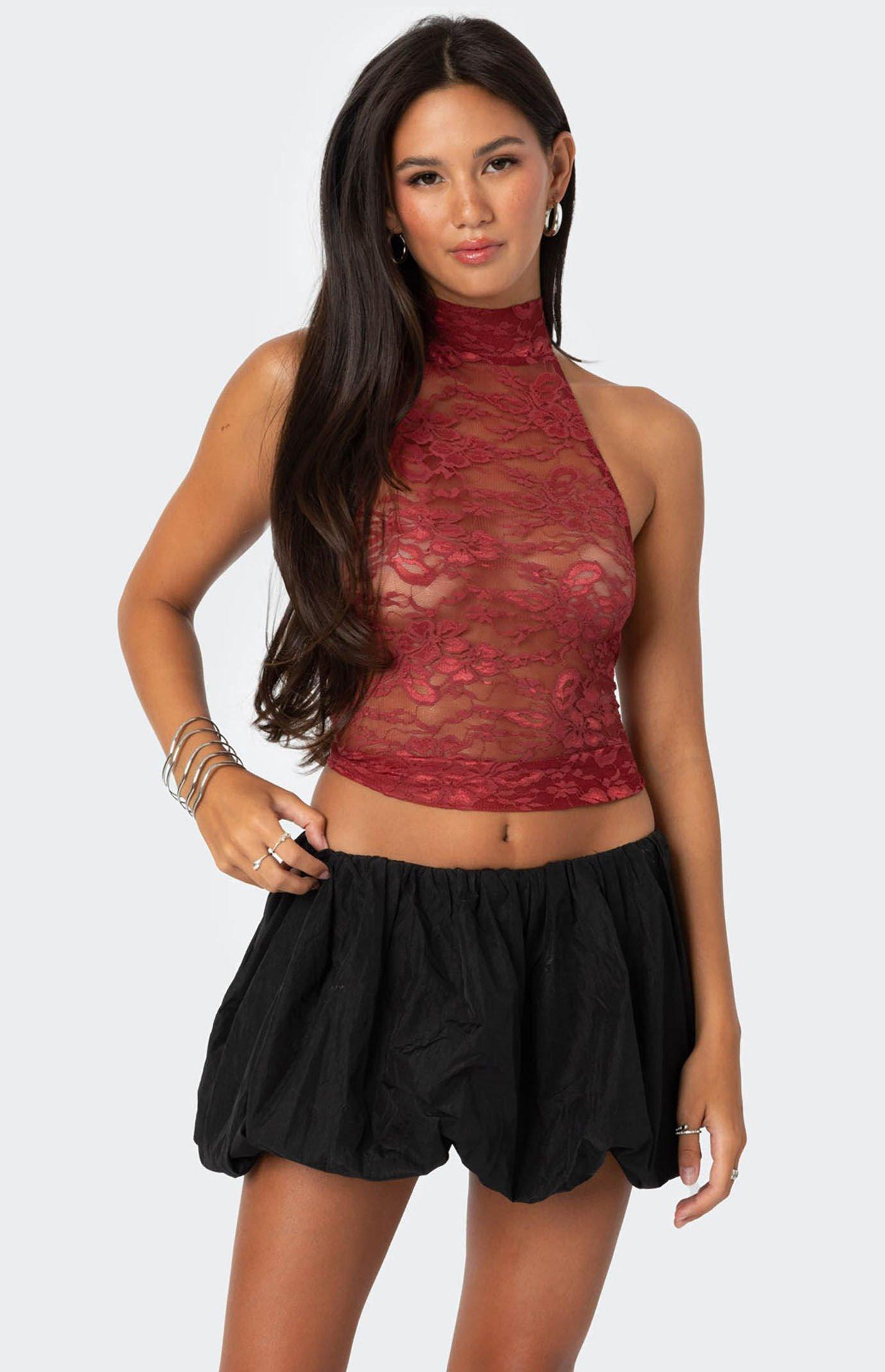 Edikted Women's Alena High Neck Sheer Lace Top Product Image