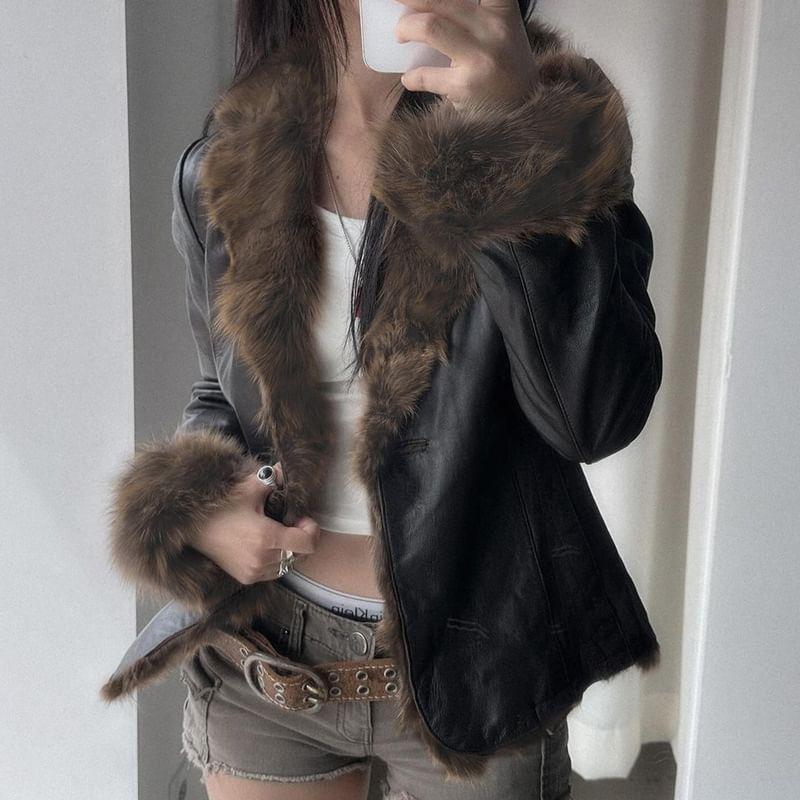 Long Sleeve Faux Fur Trim Faux Leather Jacket Product Image