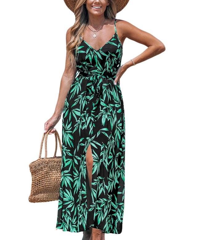 Cupshe Womens Leaf Print Belted Maxi Beach Dress Product Image