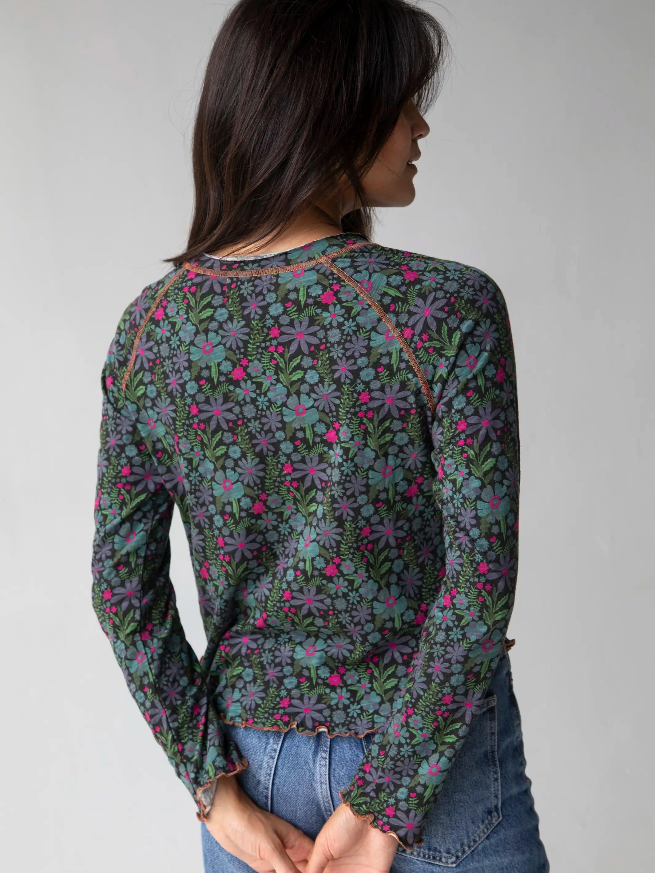 Lily Cotton Long Sleeve Tee Shirt - Dark Blue Garden Product Image