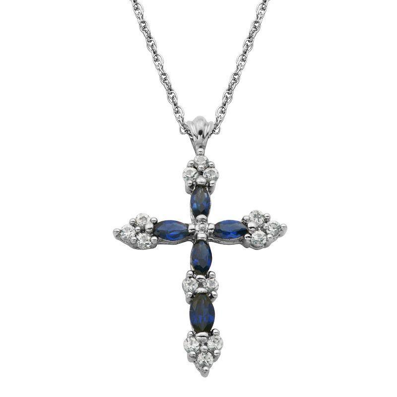 Sterling Silver Lab-Created Blue & White Sapphire Cross Pendant Necklace, Womens Product Image