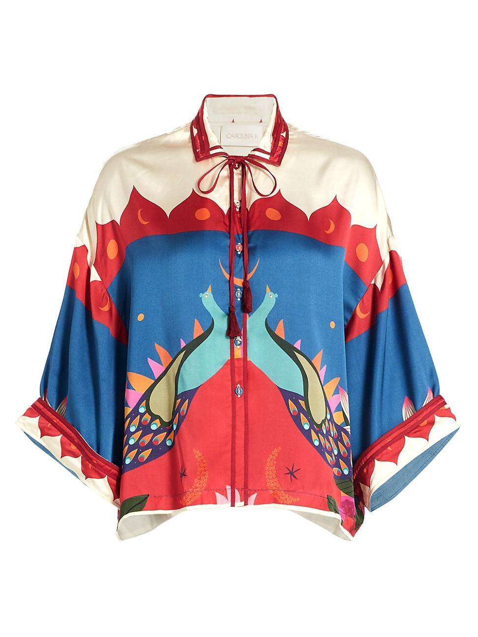 Womens Peacock-Print Satin Shirt Product Image