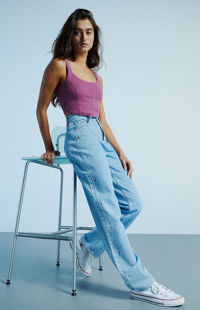 Women's Eco Light Blue Dainty Flower Dad Jeans product image