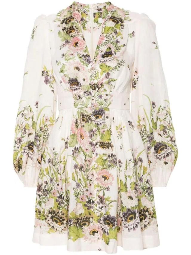 Floral Print Linen Mini Dress In Beige Product Image