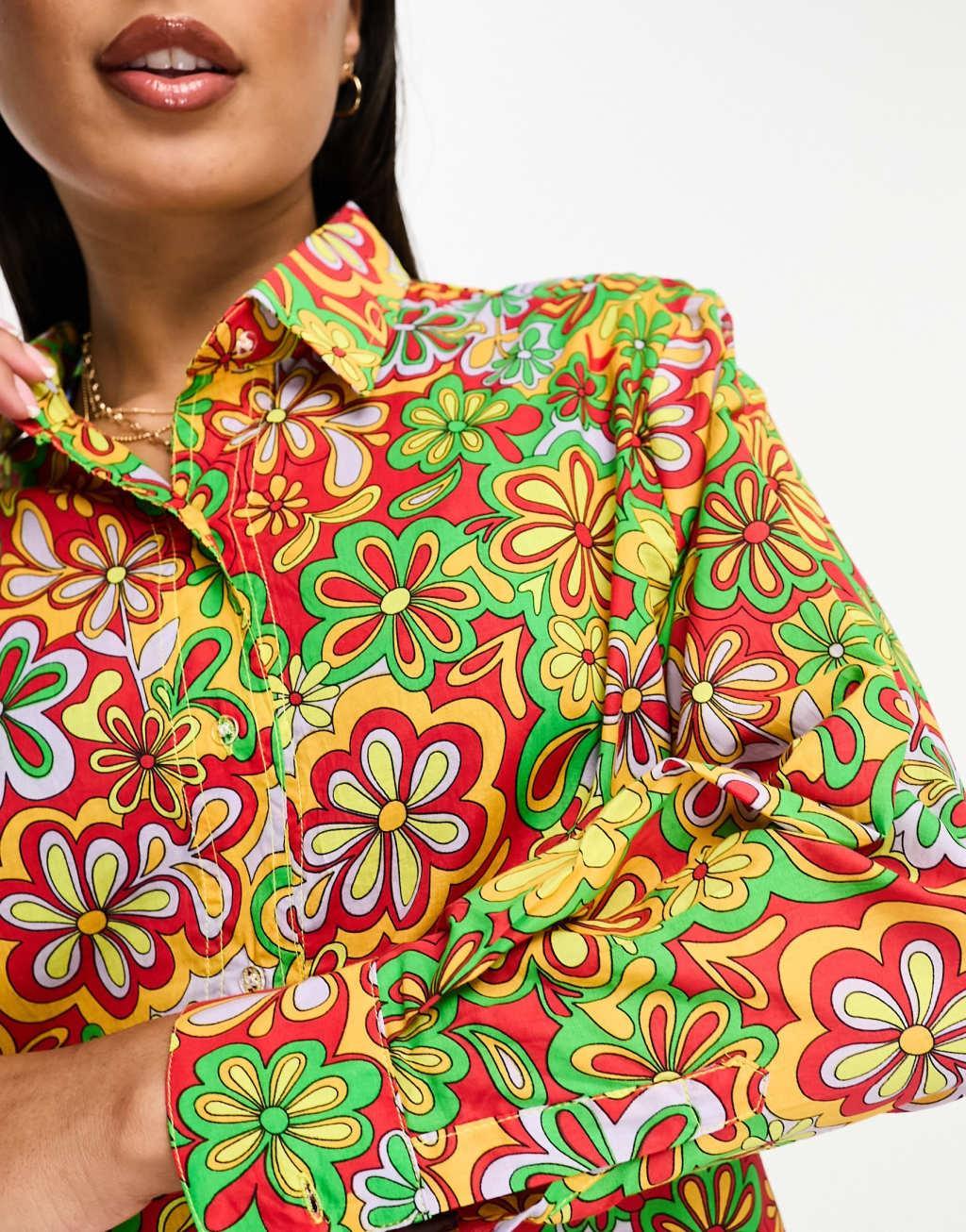 Only oversized beach shirt in bright 70s floral  Product Image