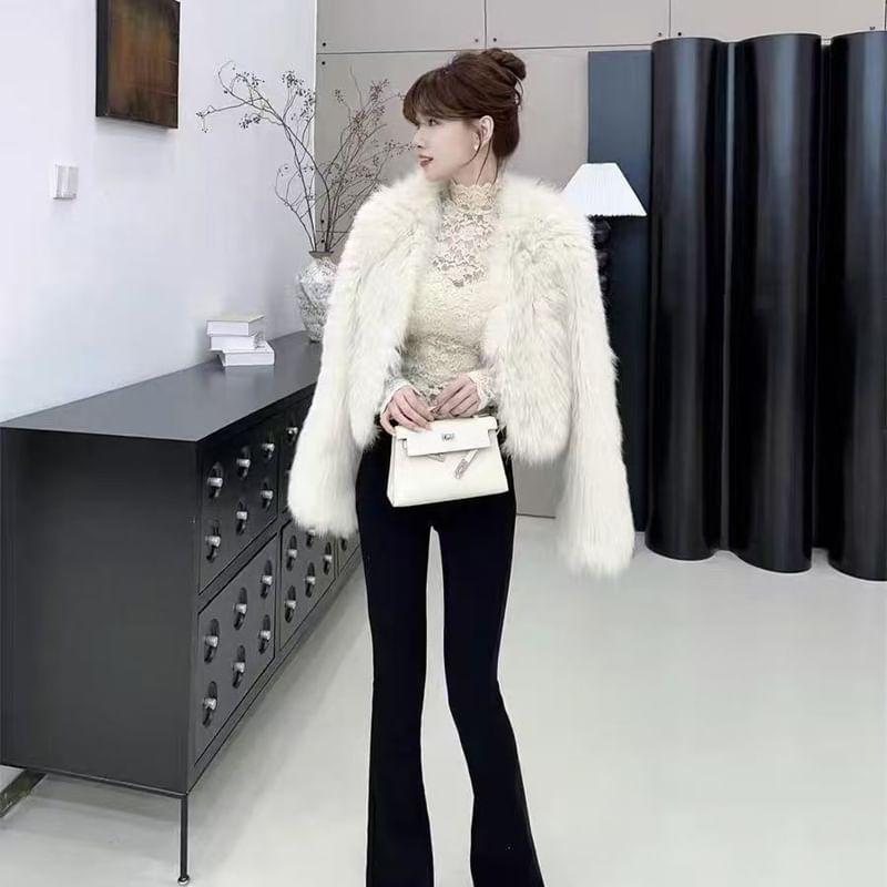 Long-Sleeve Mock Neck Padded Lace Crop Top Product Image