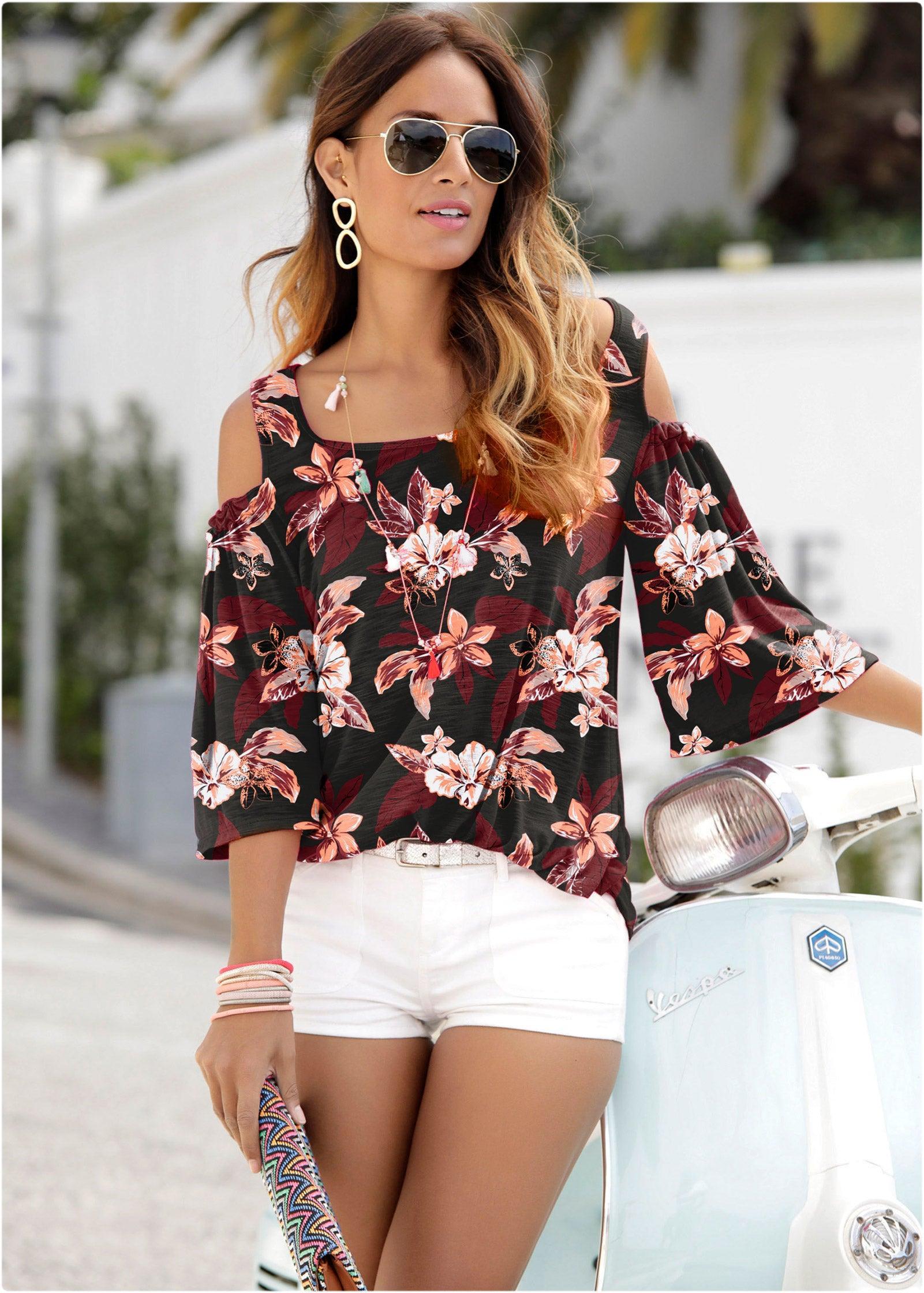 Printed Cold-Shoulder Top - Black Multi Product Image