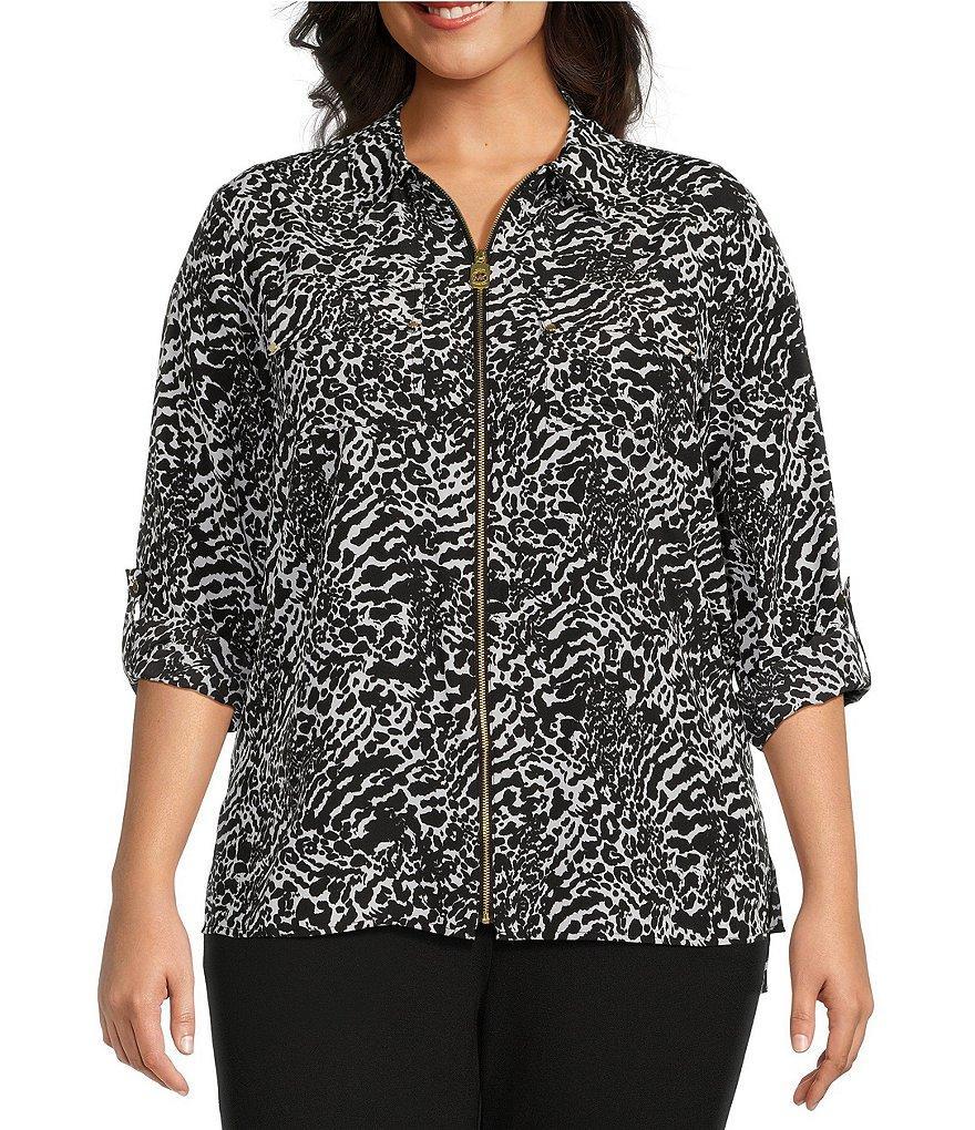 MICHAEL Michael Kors Plus Size Woven Modern Ocelot Dogtag Print Collared Long Sleeve Top product image