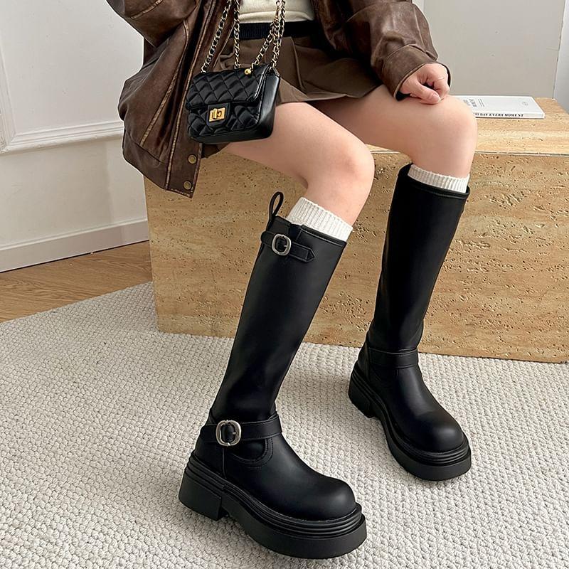 Platform Plain Buckled Tall Boots Product Image