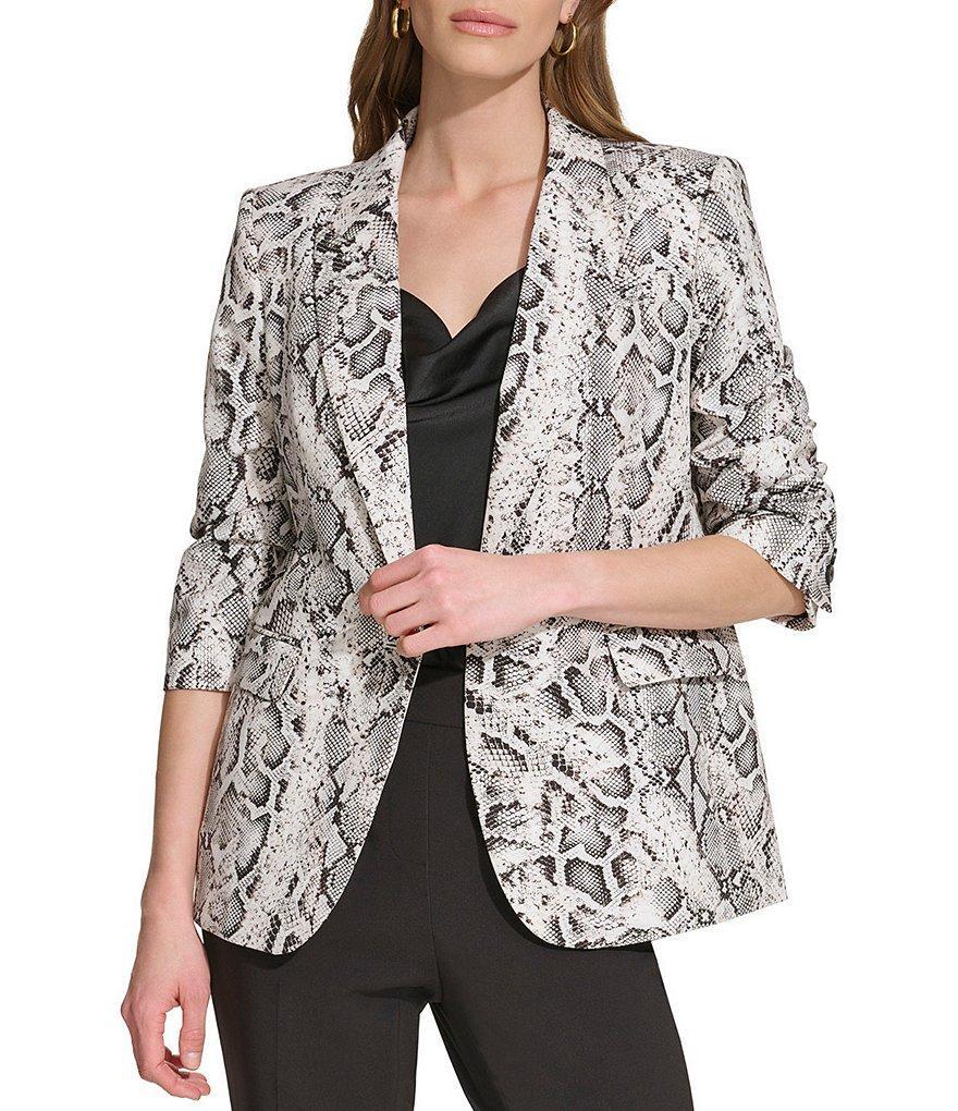 DKNY by Donna Karan Snake Print Notch Lapel Ruched Long Sleeve Blazer Jacket Product Image