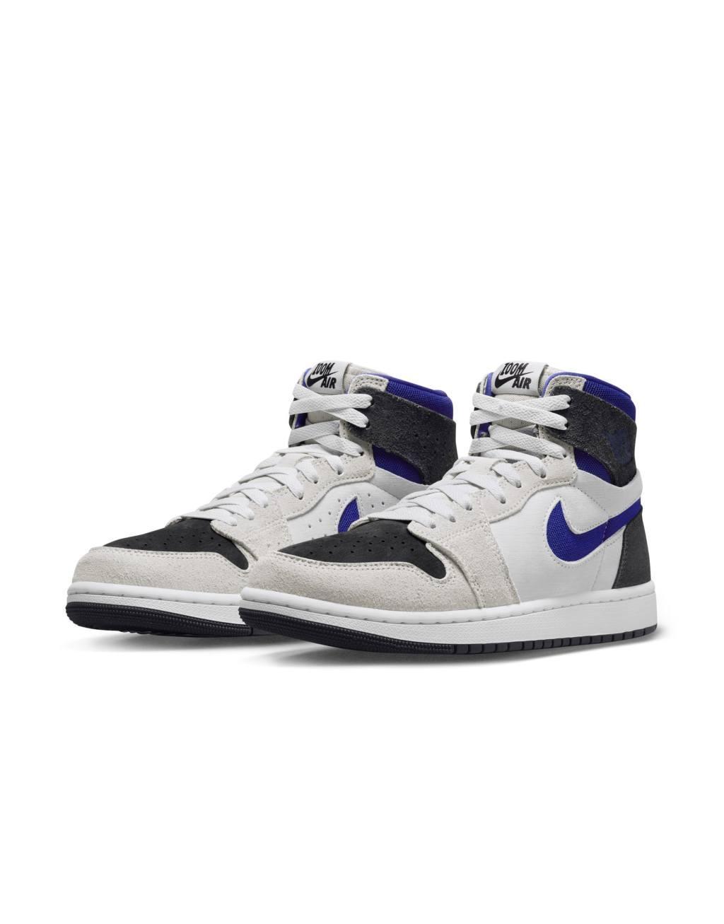 Nike Air Jordan 1 Zoom Comfort 2 sneakers in white, black, and blue Product Image