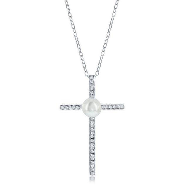 Argento Bella Sterling Silver Freshwater Cultured Pearl & Cubic Zirconia Cross Necklace, Womens Product Image