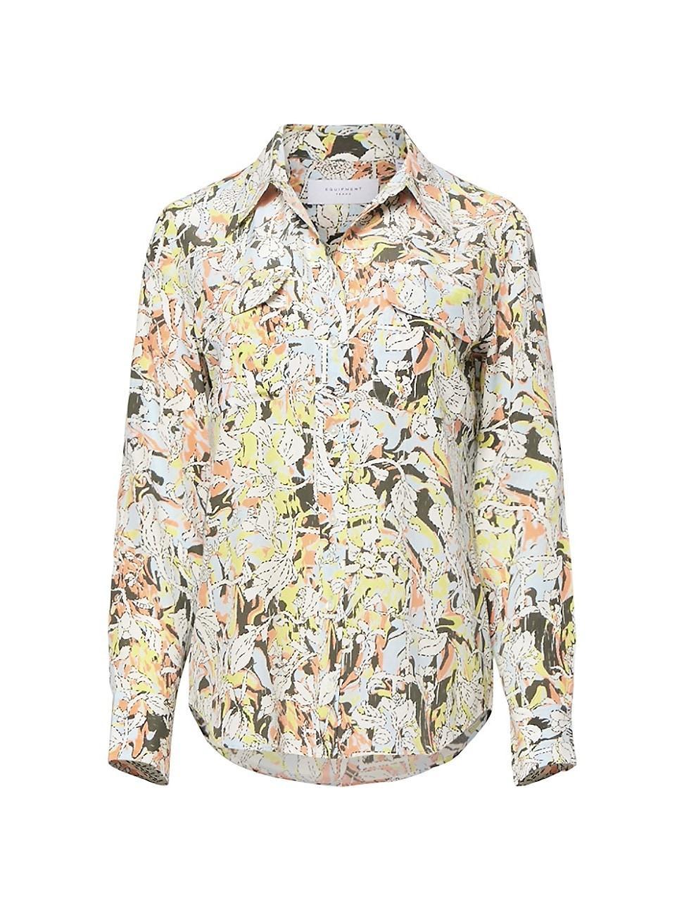 Womens Slim Floral Silk Button-Front Shirt Product Image