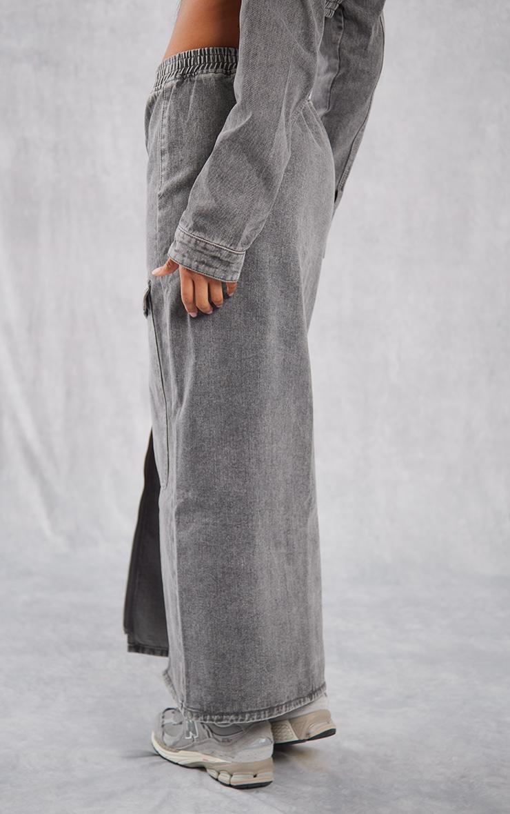 Washed Grey Cargo Pocket Zip Front Midi Denim Skirt Product Image