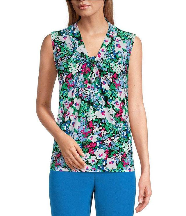 Kasper Floral Print Knot Neck Sleeveless Knit Top Product Image