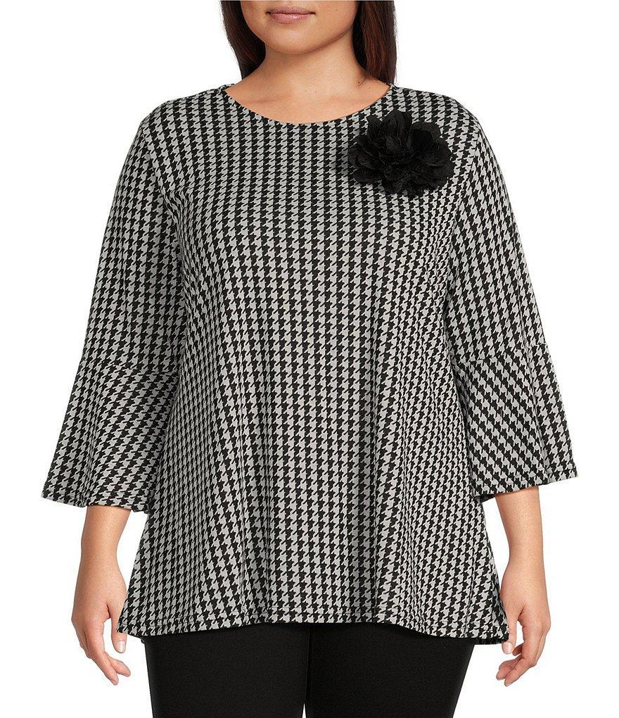 Calessa Plus Size Houndstooth Print Crew Neck 3/4 Sleeve Rosette Detail Tunic Product Image