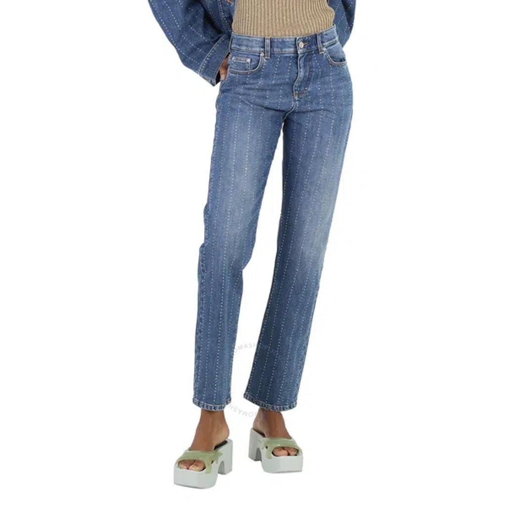 Rhinestone-embellished Straight Leg Denim Jeans In Blue Product Image