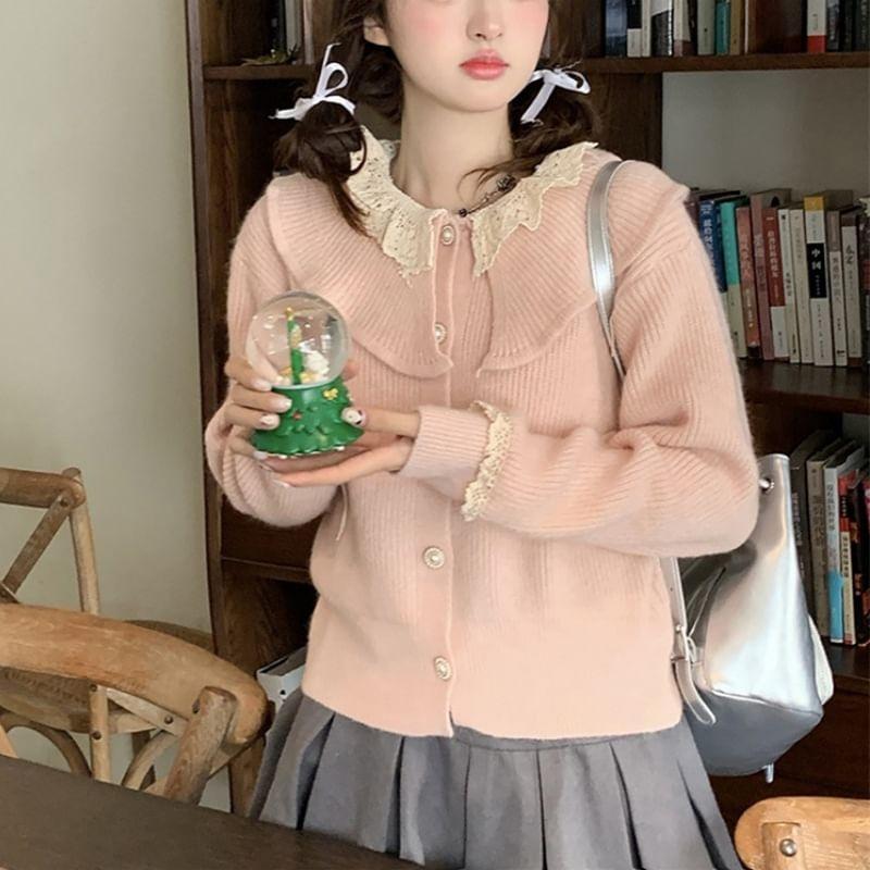 Long Sleeve Doll Collar Lace Panel Bow Accent Loose-Fit Cardigan Product Image