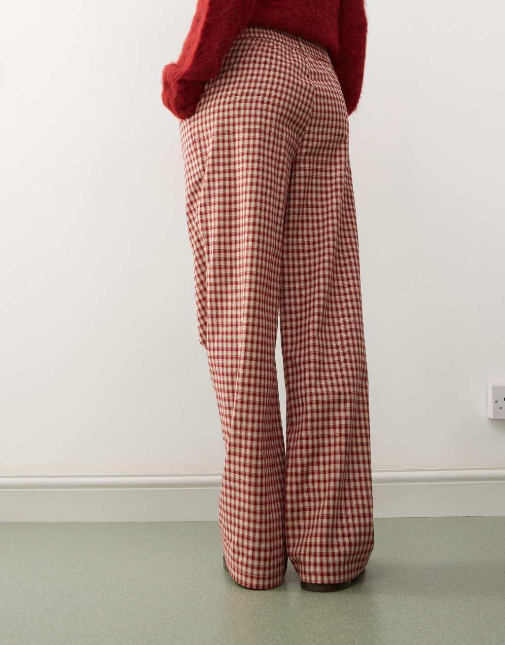 Reclaimed Vintage wide leg tailored pants in red plaid Product Image