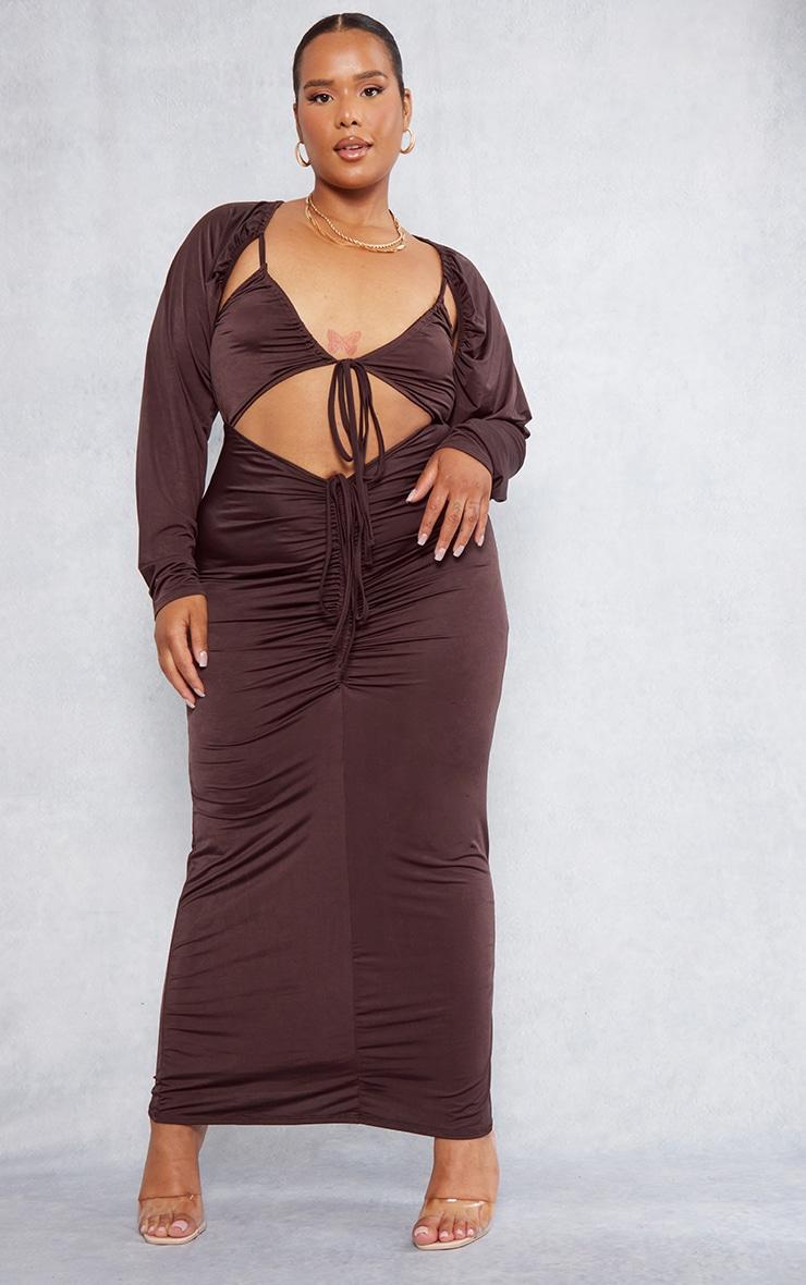 Plus Chocolate Slinky Cut Out Ruched Maxi Dress Product Image