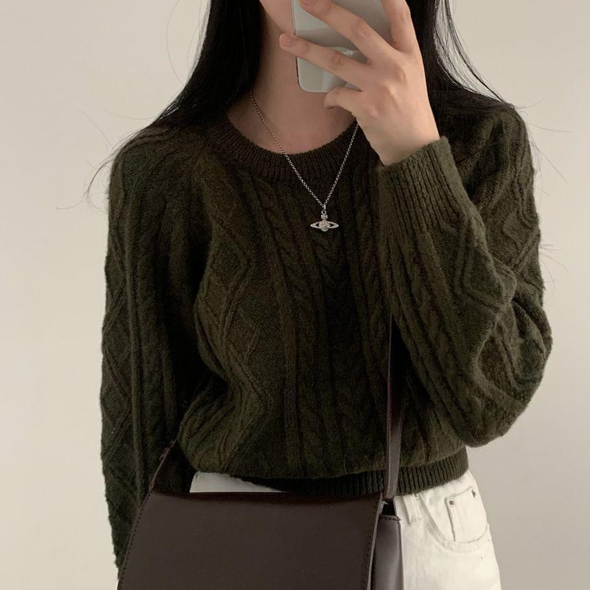 Round Neck Plain Cable Knit Crop Sweater Product Image