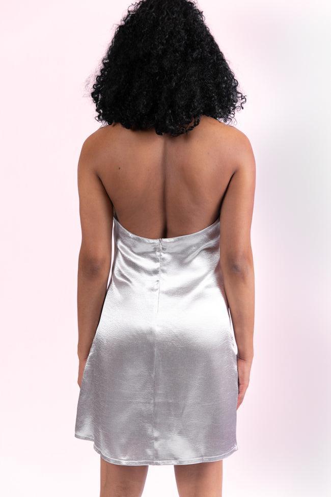 Crossing Your Mind Satin Finish Halter Neck Silver Dress SALE Product Image