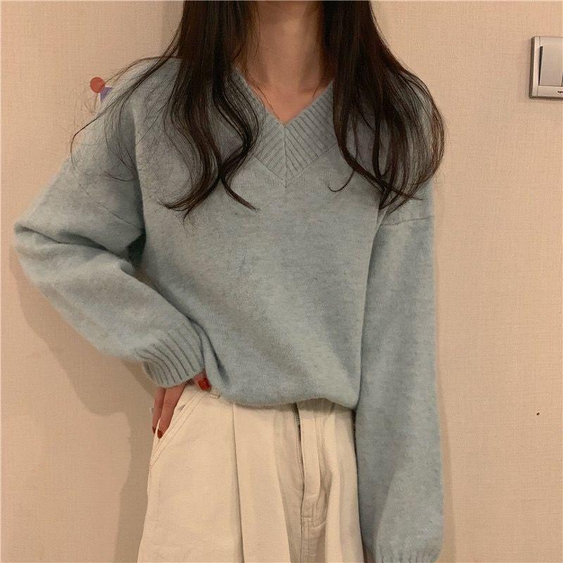 V-Neck Plain Sweater Product Image