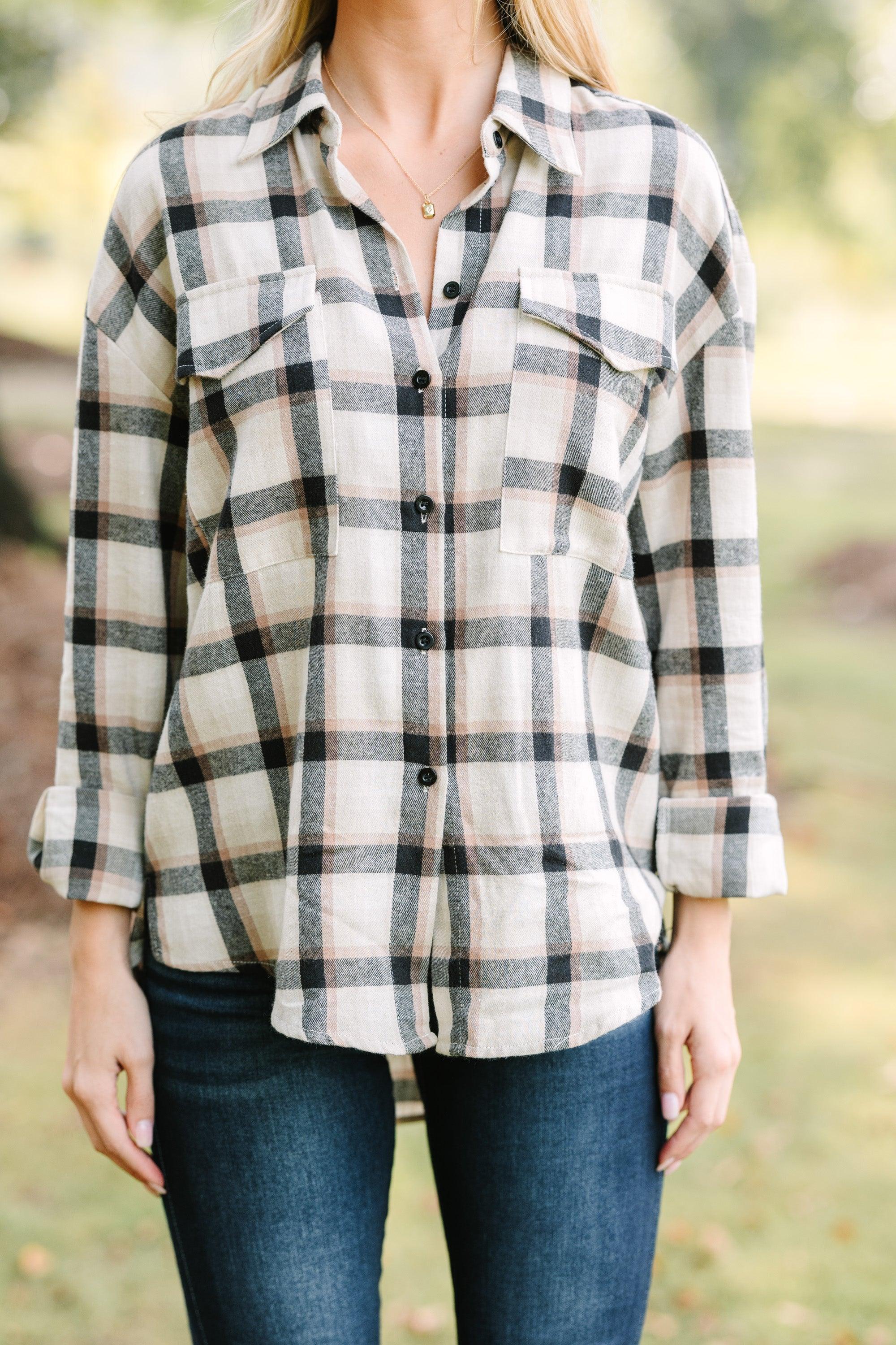 Check It Out Tan Brown Button Down Plaid Top Female Product Image