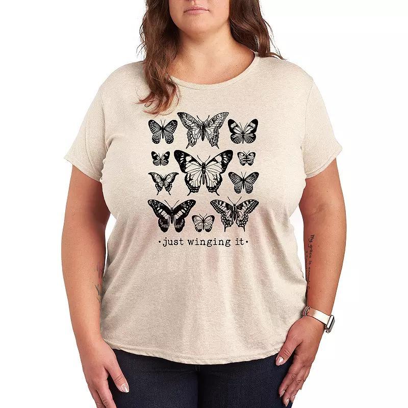 Plus Just Winging It Butterflies Graphic Tee, Womens Beig/Green Product Image