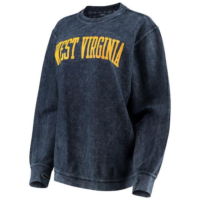 Womens Navy West Virginia Mountaineers Comfy Cord Vintage-Like Wash Basic Arch Pullover Sweatshirt Product Image