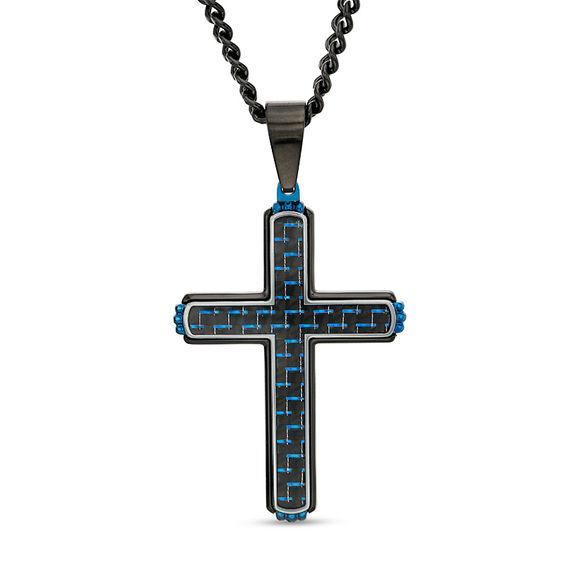 Men's Two-Tone Carbon fiber Cross Pendant in Stainless Steel and Black and Blue IP - 24" Product Image