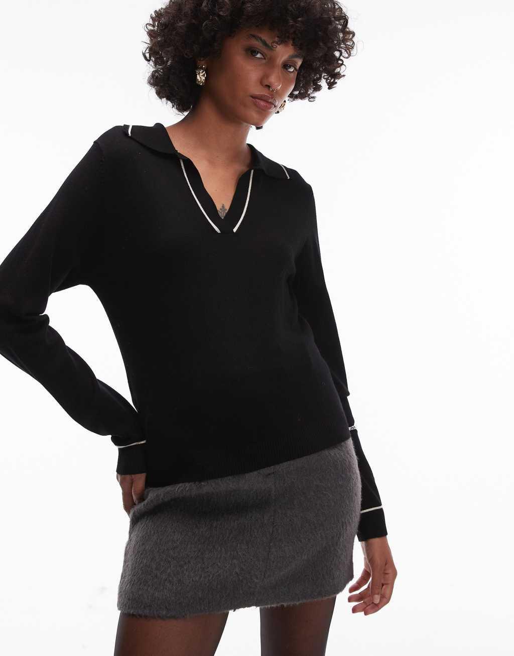 Mango deep v-neck polo top with contrast detail in black Product Image