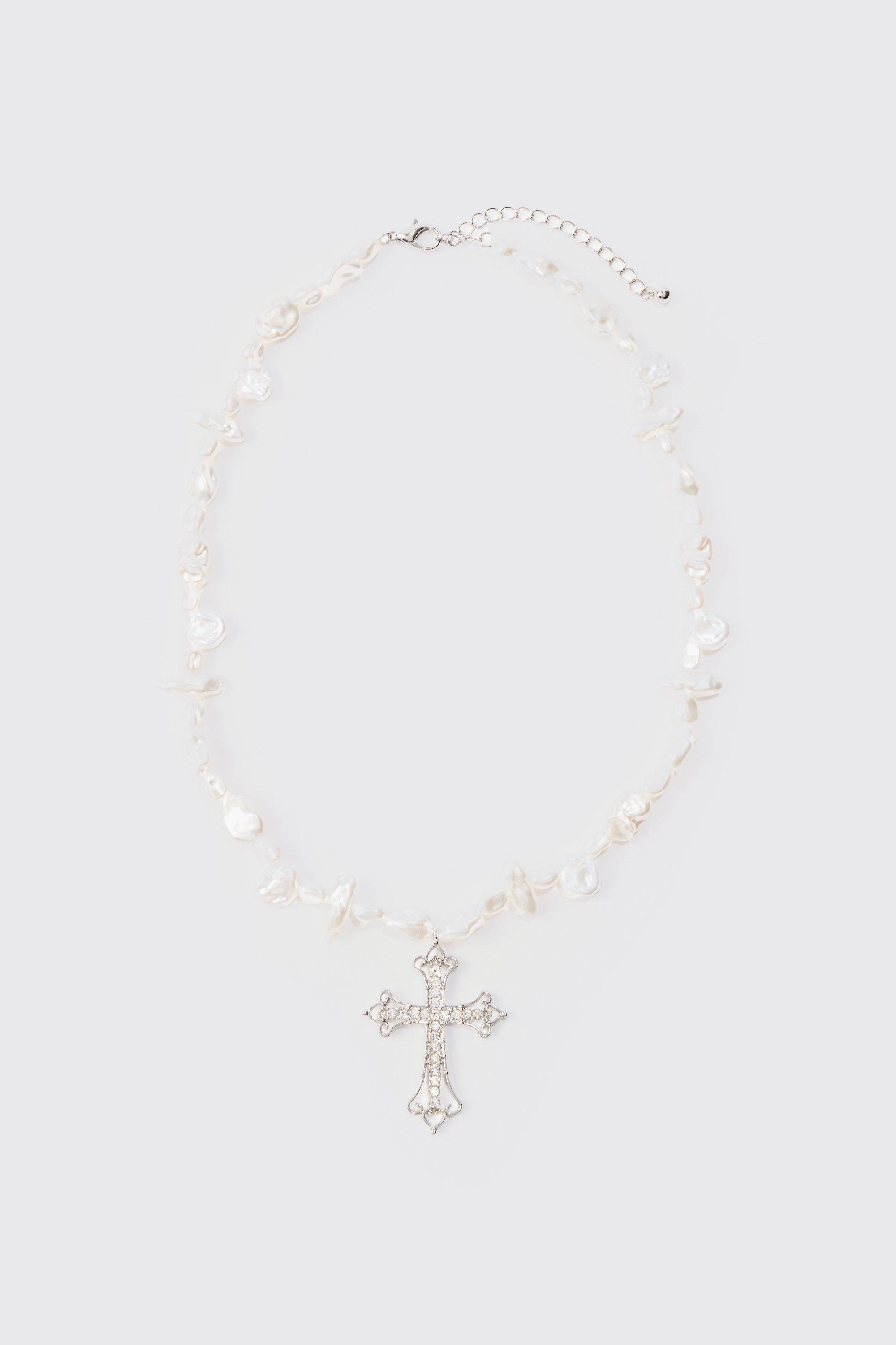 Iced Cross Pearl Necklace In Silver | boohooMAN USA Product Image