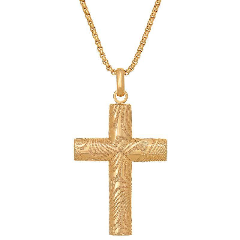 LYNX Mens Gold Tone Damascus Steel Cross Pendant Necklace Yellow Product Image