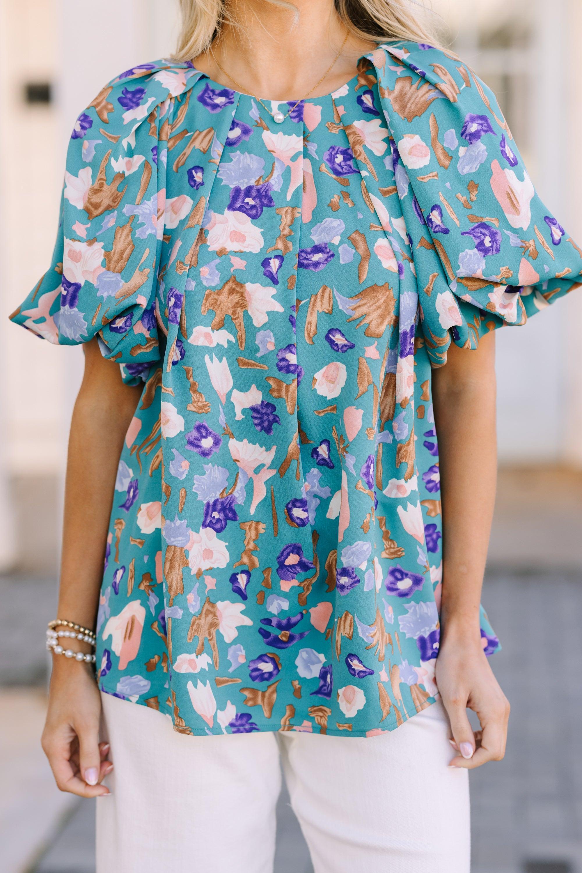 How It Feels Teal Blue Floral Blouse Female Product Image