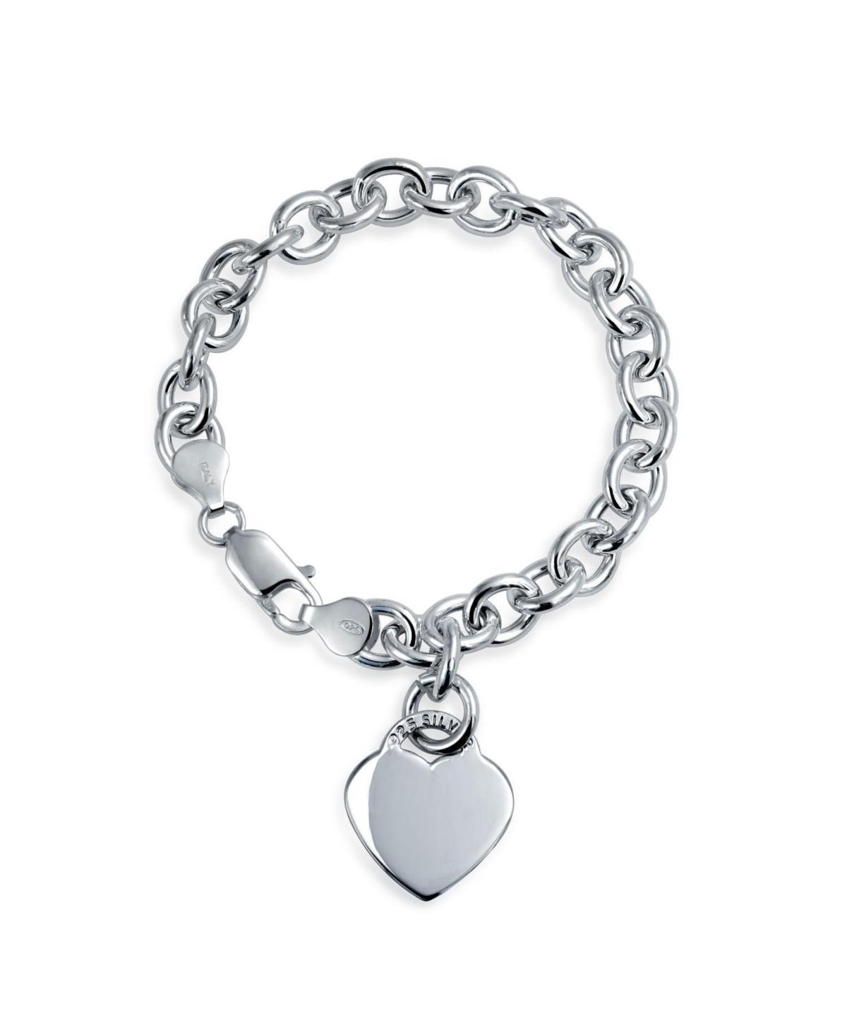 Bling Jewelry Solid Link Heart Shape Tag Charm Bracelet 7.5 Inch For Women Teens .925 Sterling Silver Made in Italy Product Image