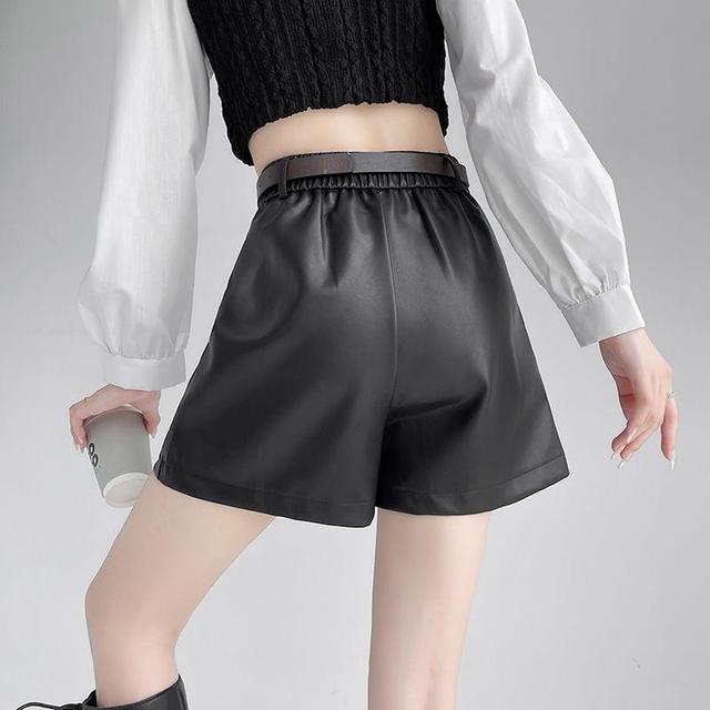 High Waist Faux Leather Plain Shorts Product Image